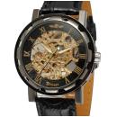 Ceas barbatesc Winner, schelet auriu, curea din piele neagra, mecanism automatic-mecanic, stil Fashion + cutie cadou