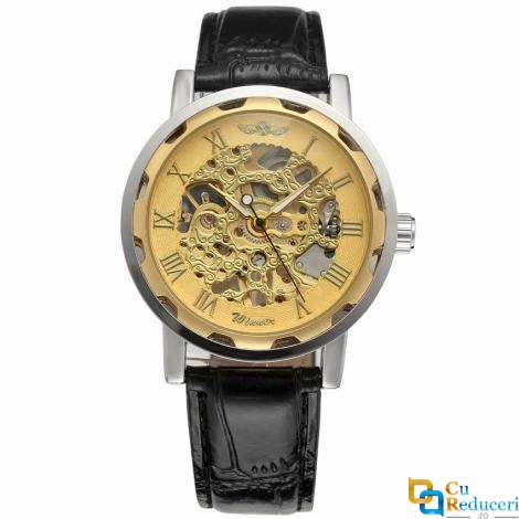 Ceas barbatesc Winner, schelet Gold, curea din piele neagra, mecanism automatic-mecanic, stil Fashion + cutie cadou