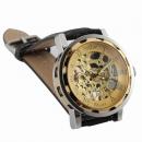 Ceas barbatesc Winner, schelet Gold, curea din piele neagra, mecanism automatic-mecanic, stil Fashion + cutie cadou