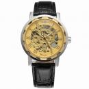 Ceas barbatesc Winner, schelet Gold, curea din piele neagra, mecanism automatic-mecanic, stil Fashion + cutie cadou