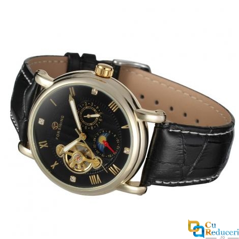 Ceas Forsining barbatesc cu Moon Phase (arata noapte/zi), curea din piele neagra, calendar complet, mecanism automatic-mecanic, stil Fashion + cutie cadou