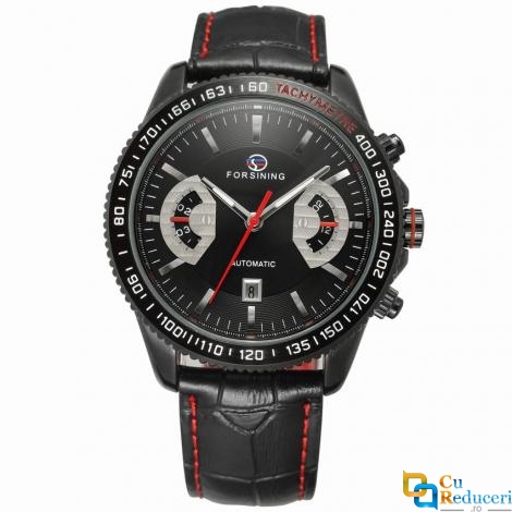 Ceas barbatesc Forsining, model sport, curea din piele neagra, mecanism automatic, calendar complet + cutie cadou