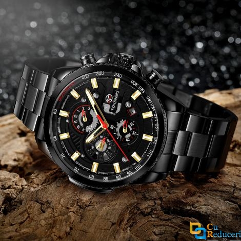 Ceas barbatesc Forsining, model sport, bratara neagra din otel inoxidabil, mecanism automatic, calendar complet, rezistent la apa 3ATM + cutie cadou