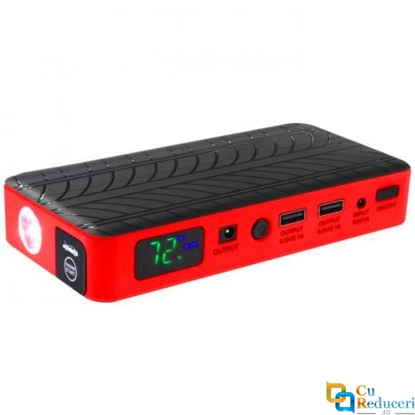 Acumulator extern pornire auto / Jump Starter, 12 V, curent pornire 300 A/5 sec., 5V/2.1A, 16V/19V/3.5A, curent maxim 1000 A, capacitate 18000 mAH, lanterna 