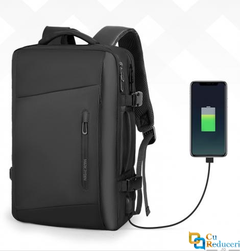 Rucsac/Ghiozdan Mark Ryden pentru laptop 17.3, 26L, port USB, full impermeabil, sistem antifurt, unisex, spatios, calatorie, scoala sau servici, negru