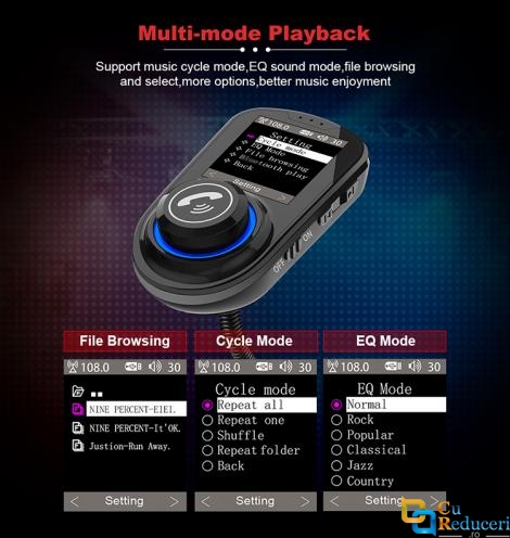 Modulator Fm, ecran mare color LCD 1.8, Wireless, Bluetooth 5.0, suporta disc U max 32G + TF max 32G, USB Mp3 Player, Aux, microfon incorporat, incarcatare rapid QC 3.0, Hands-free 