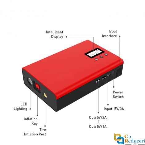 Acumulator extern pornire auto / Jump Starter 12 V cu compresor 2V/120W, curent de pornire 700 A, curent maxim 1400 A, capacitate 18000 mAH, lanterna 