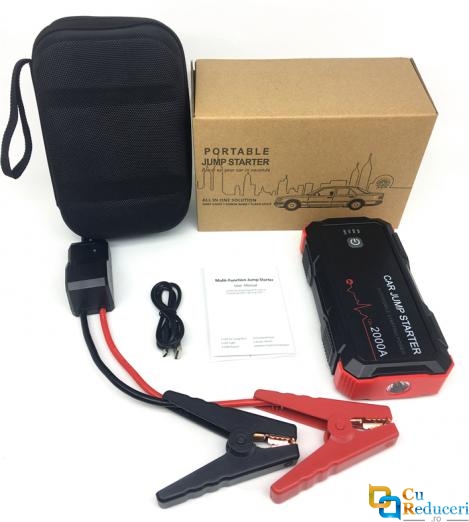 Acumulator extern pornire auto / Jump Starter 12 V, curent de pornire 1000 A, curent maxim 2000 A, capacitate 20000 mAh, lanterna, putere 81.4 Wh