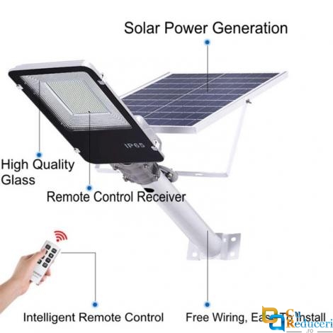 Set Proiector puternic cu 190 LED SMD putere de 200W + panou solar 25W 53x35cm + telecomanda cu functii multiple + baterii incluse, rezistent la apa IP65