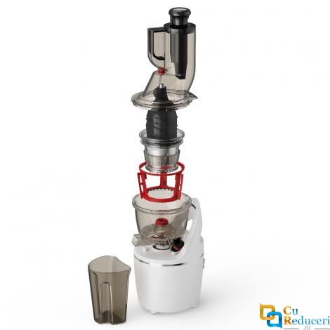 Storcator de fructe si legume cu melc, 240W, 55 RPM, antipicurare, recipient suc 700 ml, recipient pulpa 700 ml, functie reverse, presare la rece, tub alimentare 7.6 cm, alb