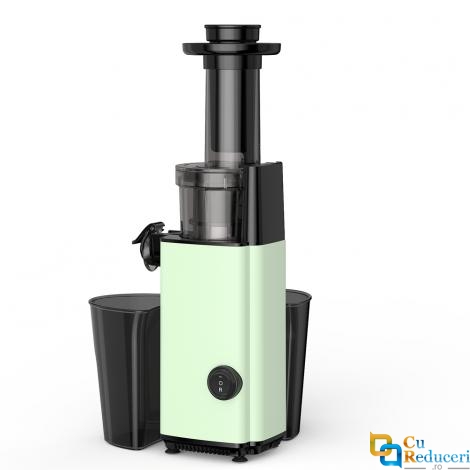 Storcator de fructe si legume cu melc, putere 120W, 55 RPM, antipicurare, recipient suc 700 ml, recipient pulpa 700 ml, functie reverse, presare la rece, tub alimentare 4.5 cm, Verde deschis