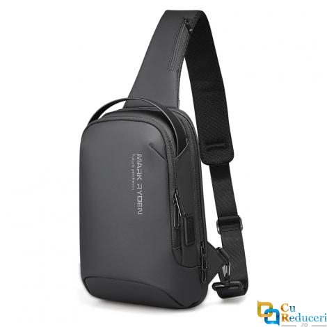 Geanta pentru umar/piept Mark Ryden, cu o singura curea, full impermeabila, Port USB, sistem antifurt, eleganta si practica, unisex, spatioasa, compatibila cu tableta 11 inch, neagra