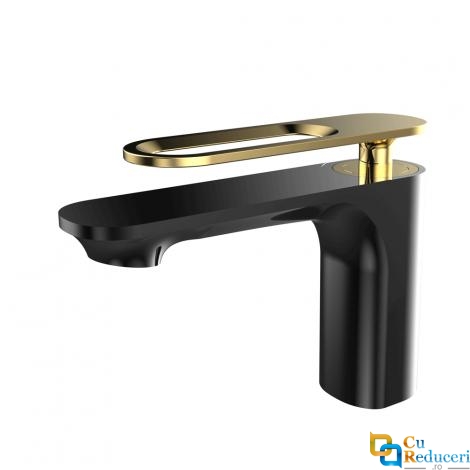 Baterie pentru chiuveta Momali, corp din alama si maner din zinc, cartus ceramic, cu aerator, culoare negru cu auriu, set prindere si doua racorduri flexibile incluse