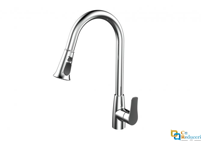 Baterie chiuveta bucatarie, Momali, dus extractibil, corp din alama, maner din zinc, debit ajustabil, rotire 360 grade, culoare crom