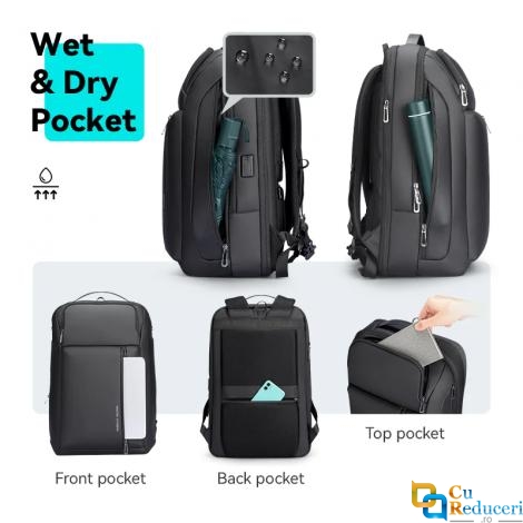Ghiozdan Mark Ryden multifunctional, capacitate 35L, compatibil cu laptop 15.6 inch,  iPad 11 inch, full impermeabil, port USB si micro USB, antifurt, unisex, fermoare YKK, negru, 46 x 31 x 18 cm