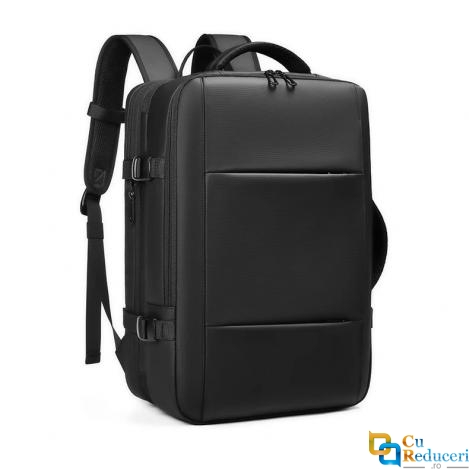 Rucsac/Ghiozdan MingLu pentru laptop 17.3 inch, extnsibil 30-47L, port USB, impermeabil, spate ventilat, unisex, spatios, calatorie, scoala sau servici, negru