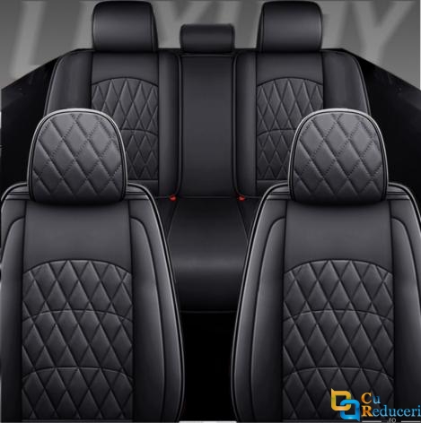 Set huse scaune auto, universale, editie de lux, material piele ecologica, scaune fata, spate, tetiere, compatibilitate Kia, Ford, Nissan, Hyundai, Toyota, 9 piese, negru