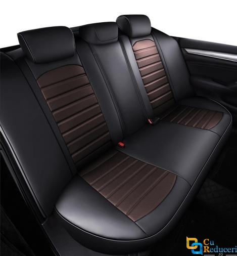 Set huse scaune auto, universale, editie de lux, material piele ecologica, scaune fata, spate, tetiere, negru cu maro, 12 piese