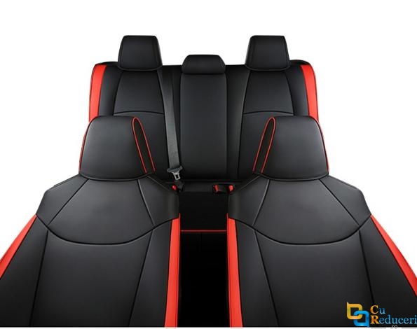 Set huse scaune auto, material piele ecologica, scaune fata, spate, tetiere, universale, culoare negru cu rosu, 14 piese