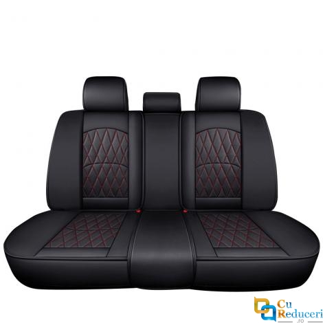 Set huse scaune auto, universale, editie de lux, material piele ecologica, scaune fata, spate, tetiere, negru cu rosu, 9 piese