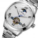 Ceas barbatesc Forsining silver, Skeleton, Moon Phase(arata noapte/zi), mecanism automatic, curea din otel inoxidabil, stil Fashion, tourbillon