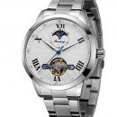 Ceas barbatesc Forsining silver, Skeleton, Moon Phase(arata noapte/zi), mecanism automatic, curea din otel inoxidabil, stil Fashion, tourbillon