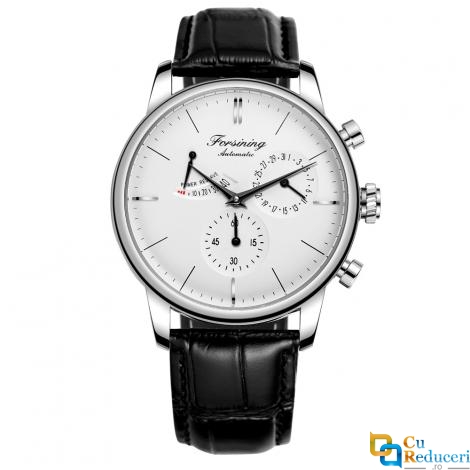 Ceas barbatesc Forsining, business, calendar, mecanism automatic-mecanic, curea din piele ecologica neagra, afisaj pentru rezerva de putere