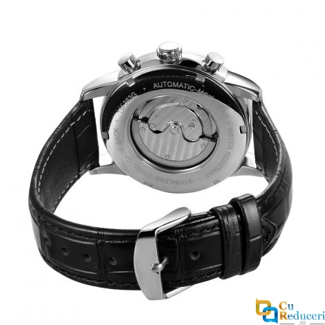 Ceas barbatesc Forsining, business, calendar, mecanism automatic-mecanic, curea din piele ecologica neagra, afisaj pentru rezerva de putere