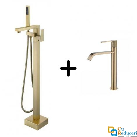 Set baterie pentru cada freestanding si baterie pentru lavoar cu pipa inalta, Momali, culoare auriu, kit de montaj si racordare inclus, material alama, cartus ceramic, aerator