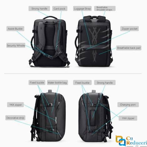 Rucsac/Ghiozdan multifunctional, Mark Ryden, spate orthopedic, compatibil cu laptop 17.3 inch si tableta 12.9 inch, extensibil 29L-43L, port USB si micro USB, full impermeabil, sistem antifurt, negru
