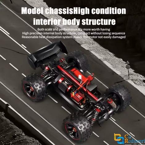 Masina cu telecomanda, 9522 PRO 4WD, scara 1:16, 2.4G, viteza maxima 85km/h+, acumulator 3S 11.1V 2000 mAh LiPo, autonomie 20 min, culoare rosie