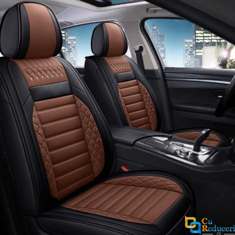 Set huse scaune auto, universale, editie de lux, material piele ecologica, scaune fata, spate, volan, tetiere, perna lombara, perna pentru cap, culoare negru cu maro, 16 piese