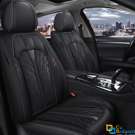 Set huse scaune auto, universale, material piele ecologica, editie de lux, scaune fata, spate, tetiere, volan, perna lombara, perna pentru cap, culoare negru, 16 piese