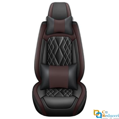 Set huse scaune auto, universale, editie de lux, material piele ecologica, scaune fata, spate, tetiere, volan, perna lombara, perna cap, culoare negru cu maro, 16 piese