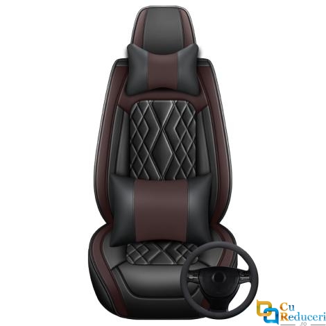 Set huse scaune auto, universale, editie de lux, material piele ecologica, scaune fata, spate, tetiere, volan, perna lombara, perna cap, culoare negru cu maro, 16 piese