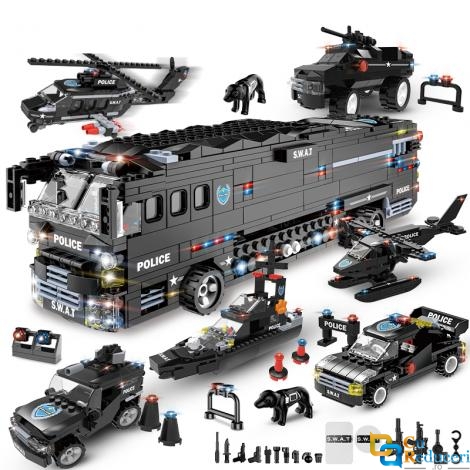 Set de constructie tip Lego Woma® - 1014 Piese, SWAT 6 in 1 cu Autobuz Militar si Vehicule de Politie