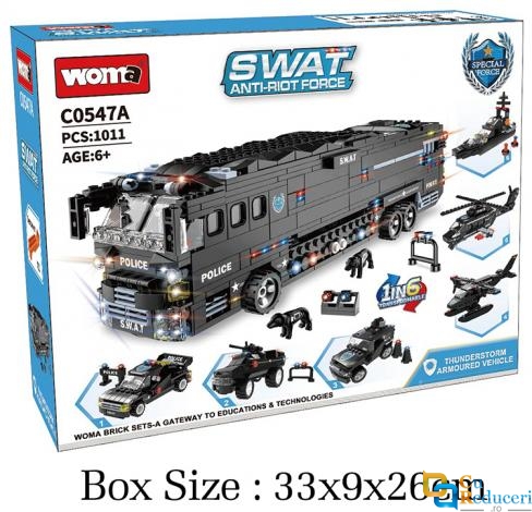 Set de constructie tip Lego Woma® - 1014 Piese, SWAT 6 in 1 cu Autobuz Militar si Vehicule de Politie