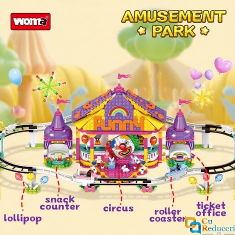 Set de constructie tip Lego Woma® – Roller Coaster tematic Clown, 812 piese colorate, materiale non-toxic, recomandat copiilor 6+ ani