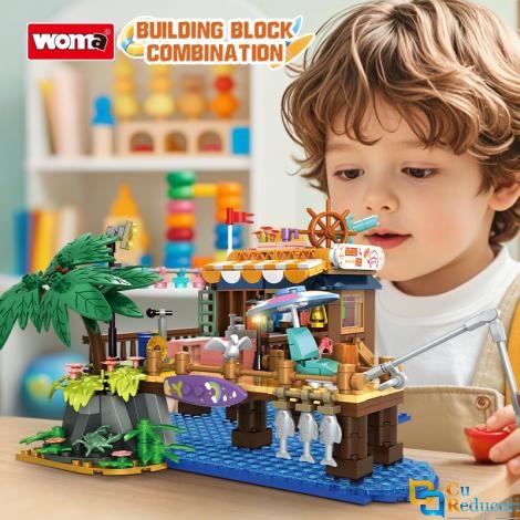 Set de constructie tip Lego Woma® - 603 Piese, Go Fishing - Barca de Pescuit, Elemente Natura si Accesorii, Tematica Pescuit
