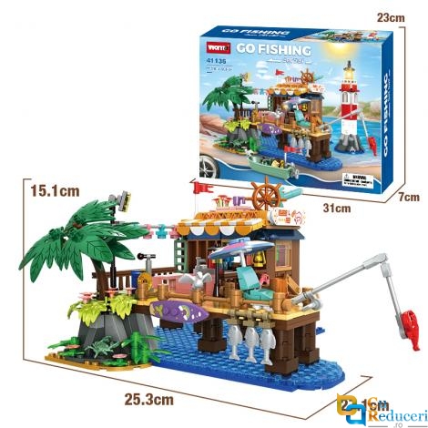 Set de constructie tip Lego Woma® - 603 Piese, Go Fishing - Barca de Pescuit, Elemente Natura si Accesorii, Tematica Pescuit