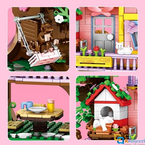 Set de constructie tip Lego Woma® - 840 Piese, Orasul viselor - Casuta in Copac cu Leagan, Telescop si Masa