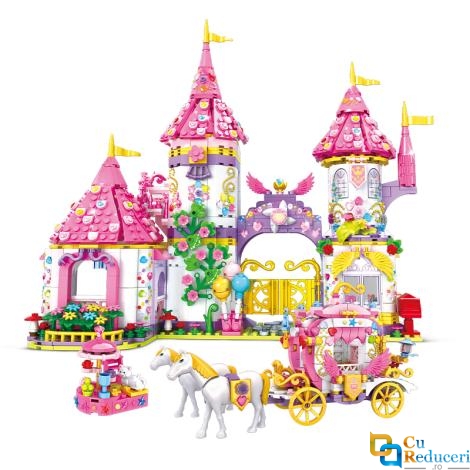 Set de constructie tip Lego Woma® - 1460 Piese, Zana Pamantului - Castel Fermecat si Caleasca cu cai