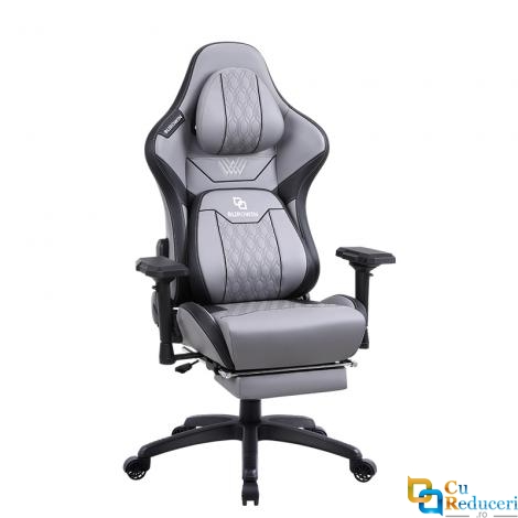 Scaun gaming/birou, Blirowin®, suport lombar reglabil cu masaj, spuma cu memorie, sezut cu revenire rapida, suport picioare extensibil, piele PU rezistenta, blocarea pozitiei pana la 180°, cotiere reglabile, gri/negru