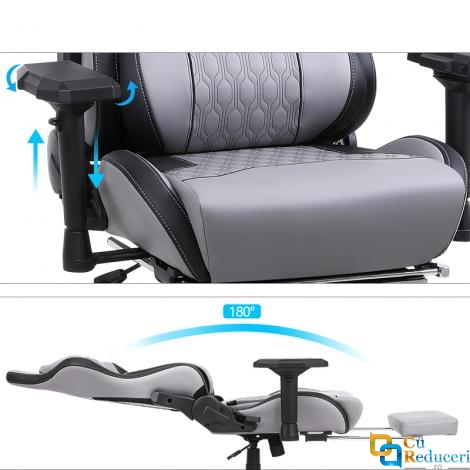 Scaun gaming/birou, Blirowin®, suport lombar reglabil cu masaj, spuma cu memorie, sezut cu revenire rapida, suport picioare extensibil, piele PU rezistenta, blocarea pozitiei pana la 180°, cotiere reglabile, gri/negru