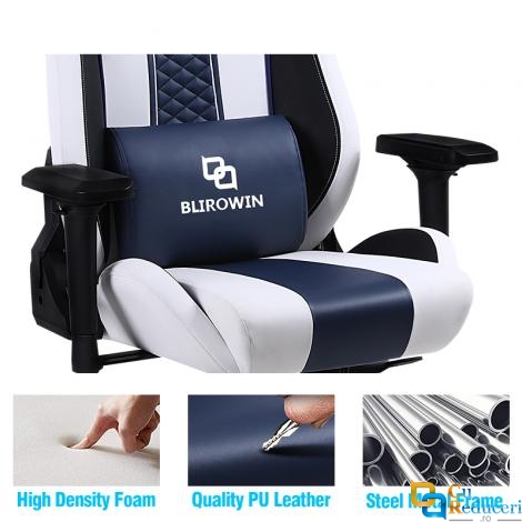 Scaun ergonomic pentru gaming sau birou, Blirowin®, suport lombar reglabil cu masaj, spuma cu memorie, sezut cu revenire rapida, suport picioare extensibil, piele PU rezistenta, blocarea pozitiei pana la 180°, cotiere reglabile, alb/albastru